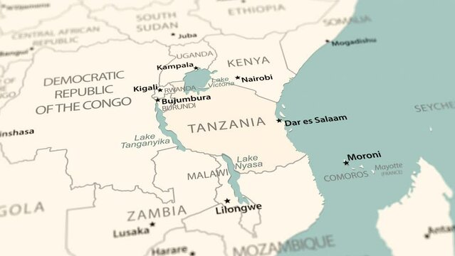 Tanzania on the world map. Smooth map rotation. 4K animation.