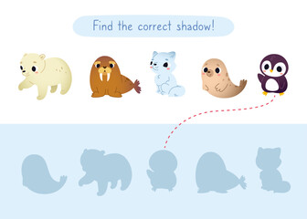 Mini game with cute arctic animals for kids. Find the correct shadow of cartoon animals. Brainteaser for children.