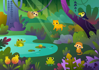 Cartoon jungle with cute animals. Bright vector rainforest landscape for kids with flora and fauna.
