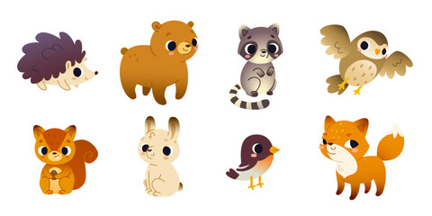 Obraz premium Cartoon woodland baby animals set. Vector collection of cute forest mammals for kids.