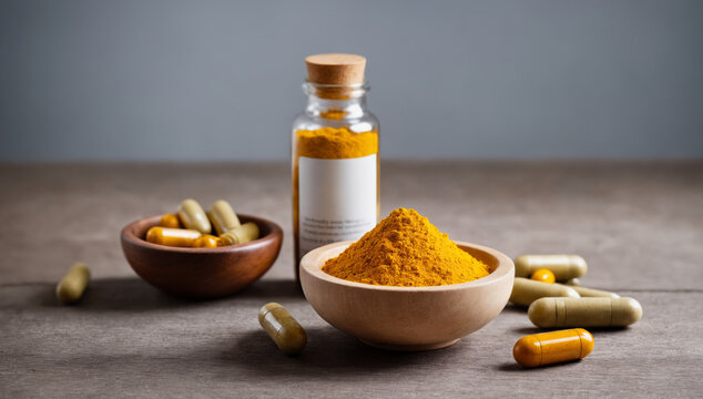 Wooden bowl with curcumin powder and capsules, unlabeled bottles on the table. Superfood, dietary supplement.