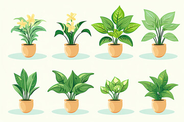 Set of  illustrations of plants in a pot on a white background. Cartoon flat various indoor decorative potted plants for home or office interior.