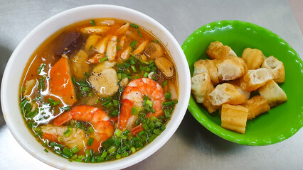 Vietnamese Thick Noodle Soup With Crab, Shrimp And Youtiao.