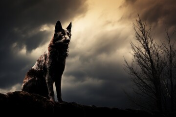 Photo of a dramatic silhouette of an animal against a stormy sky. Generative AI