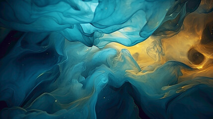 Molten gold and aqua blues merging in a surreal dance, creating a liquid abstract spectacle that...