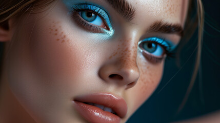 professional beauty photography. studio shot in  fashion style. close up model's face wearing trendy 2024  makeup with blue eye shadows.  - obrazy, fototapety, plakaty