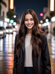 portrait of a beautiful young brown haired woman with city lights in background