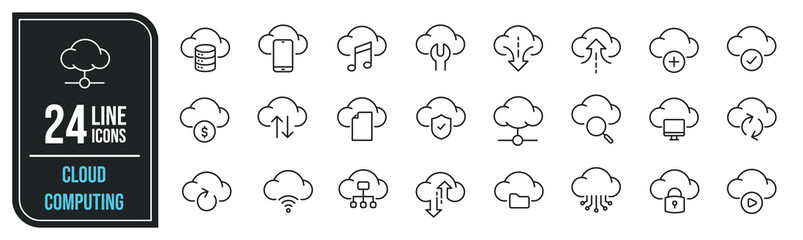 Cloud computing simple minimal thin line icons. Related networking, server, hosting, database. Editable stroke. Vector illustration.