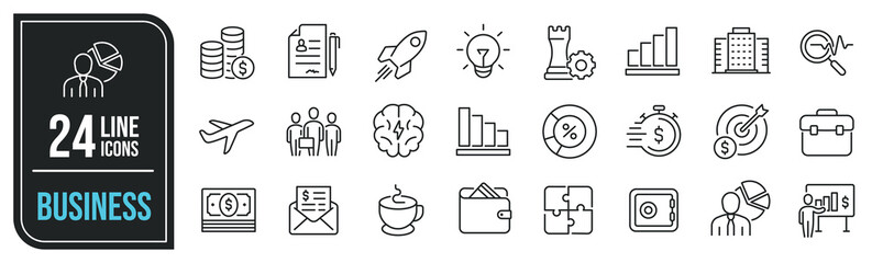 Business simple minimal thin line icons. Related corporate, finance, strategy, employee. Editable stroke. Vector illustration.