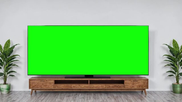 panoramic big hdtv television ultra wide tv set with static noise distortions and green screen placeholder