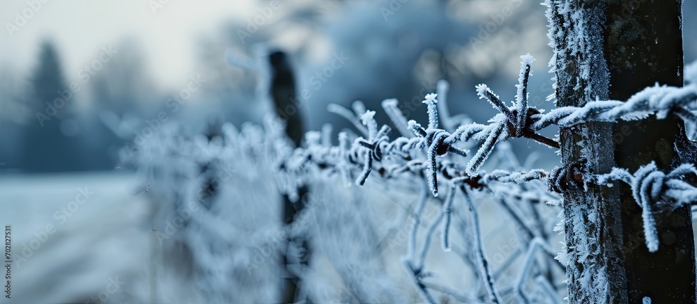 Poster icicles on barbed wire fence during freezing cold temperatures in winter season on farm. with copy s