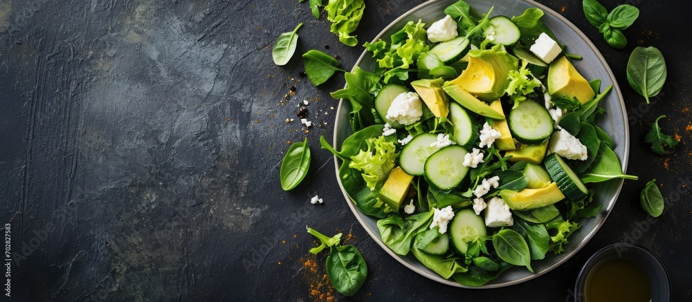 Poster Ketogenic diet green salad with cucumbers avocado feta cheese and lime dressing. with copy space image. Place for adding text or design