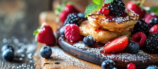 Homemade mini pancakes with blueberries strawberries and raspberries. with copy space image. Place...