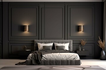 Luxurious large bedroom with black dark gray walls and a bed. Deep rich colors grey, graphite and...