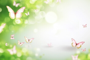 Fototapeta na wymiar Green spring background with butterflies, bokeh lights and space for text