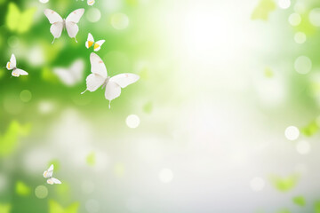 Fototapeta na wymiar Green spring background with butterflies, bokeh lights and space for text