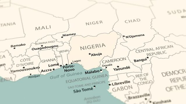 Nigeria on the world map. Smooth map rotation. 4K animation.