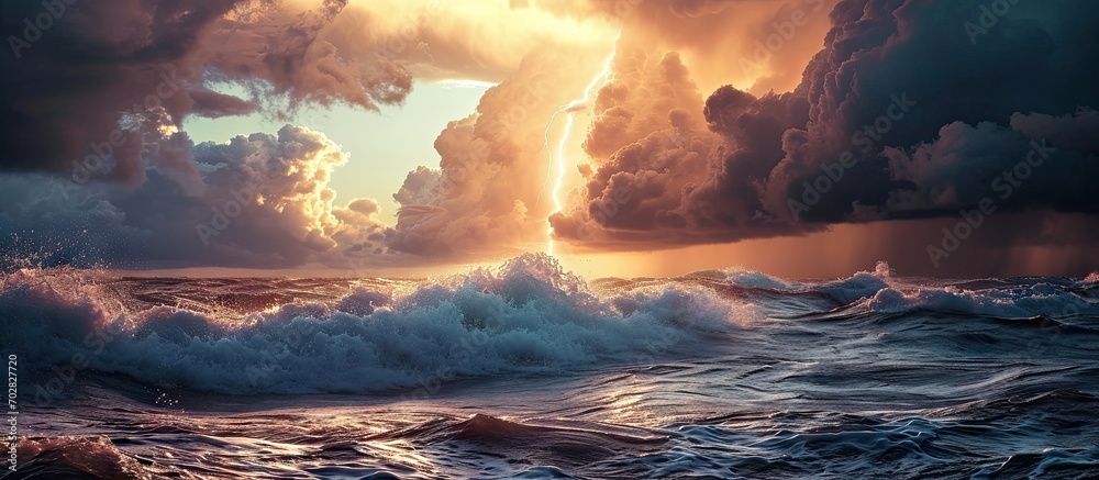 Poster Lightning bolt from a thunderstorm over sea at sunset. with copy space image. Place for adding text or design