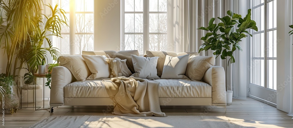 Poster living room interior with armchair pouf and chunky knit blanket. with copy space image. place for ad