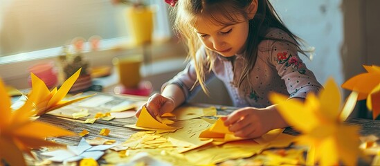 Happy child doing a collage Girl cutout a shape of sun from yellow paper Beautiful greeting cards on the table. with copy space image. Place for adding text or design