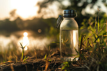 Reusable Water Bottle in Natural Setting at Sunset