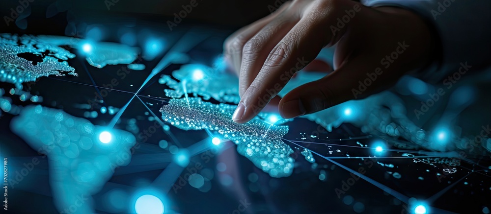 Poster Hand of Businessman touching hologram screen with world map background NLP Natural Language Processing cognitive computing technology concept. with copy space image. Place for adding text or design