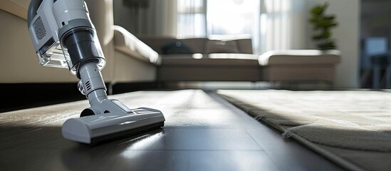 Human legs and a white turbo brush of a cordless vacuum cleaner cleans the carpet in the house Modern technologies for cleaning. with copy space image. Place for adding text or design