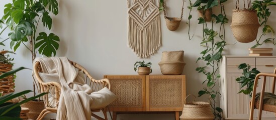 Minimalistic boho interior with design and handmade macrame shelf planter hanger for indoor plants wooden furnitures elegant accessories rattan basket and leaf Cozy home decor of living room - obrazy, fototapety, plakaty