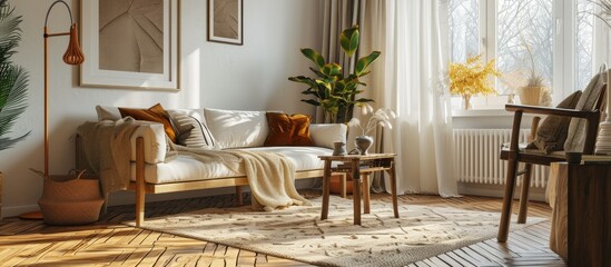 Living room interior with armchair pouf and chunky knit blanket. with copy space image. Place for adding text or design
