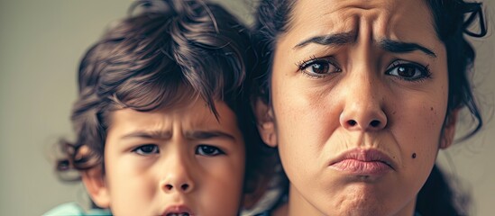 Hispanic mother and son standing together disgusted expression displeased and fearful doing disgust face because aversion reaction. with copy space image. Place for adding text or design - obrazy, fototapety, plakaty