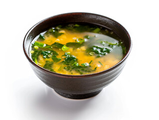 Miso soup isolated on white background. It is a traditional and well-known Japanese food.
