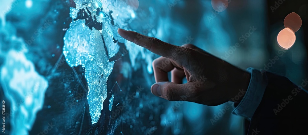 Poster Hand of Businessman touching hologram screen with world map background NLP Natural Language Processing cognitive computing technology concept. with copy space image. Place for adding text or design
