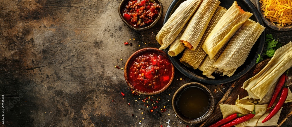 Poster mexican tamale tamales of corn leaves with chili and sauces. with copy space image. place for adding