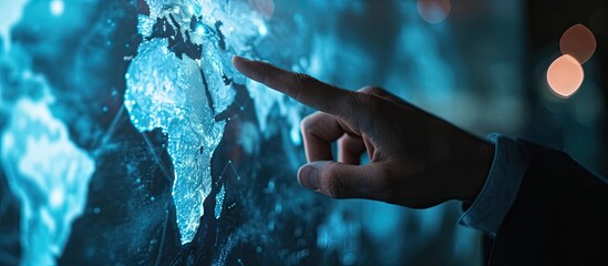 Hand of Businessman touching hologram screen with world map background NLP Natural Language Processing cognitive computing technology concept. with copy space image. Place for adding text or design