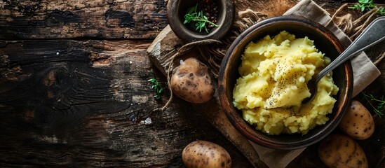 Mashed potato with spoon in serving bowl. with copy space image. Place for adding text or design - obrazy, fototapety, plakaty