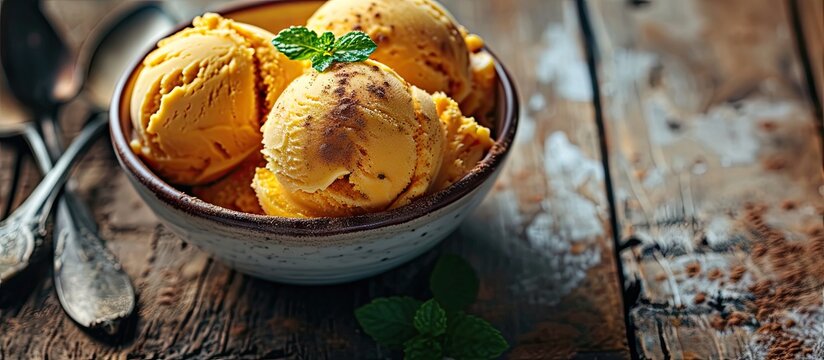 Homemade Pumpkin Spice Ice Cream in a Bowl. with copy space image. Place for adding text or design