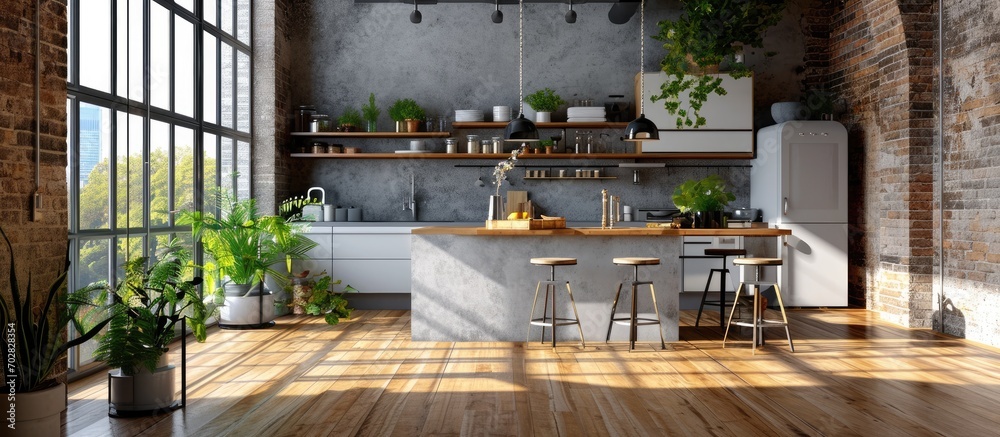 Poster modern small room with kitchen area and wooden floor. with copy space image. place for adding text o