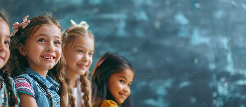 Poster Happy diverse schoolgirls sitting at desks and raising hands in classroom School study and education unaltered. with copy space image. Place for adding text or design