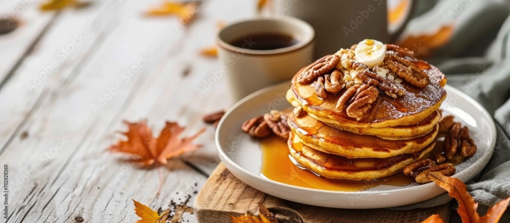 Fototapete homemade pumpkin pancakes with butter pecans and maple syrup. with copy space image. place for addin
