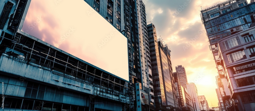 Poster Modern empty blank advertising billboard banner in a city outdoors at a bus station Mockup for your advertising project. with copy space image. Place for adding text or design