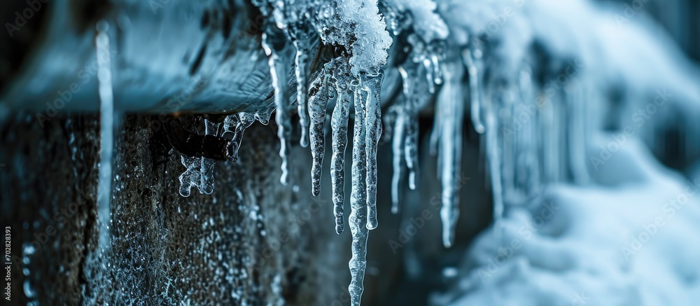 Aufkleber Icicle hanging on roof danger for pedestrians in winter Sharp icicle on drain pipe of the building Downpipe on residential building with sharp icicles. with copy space image