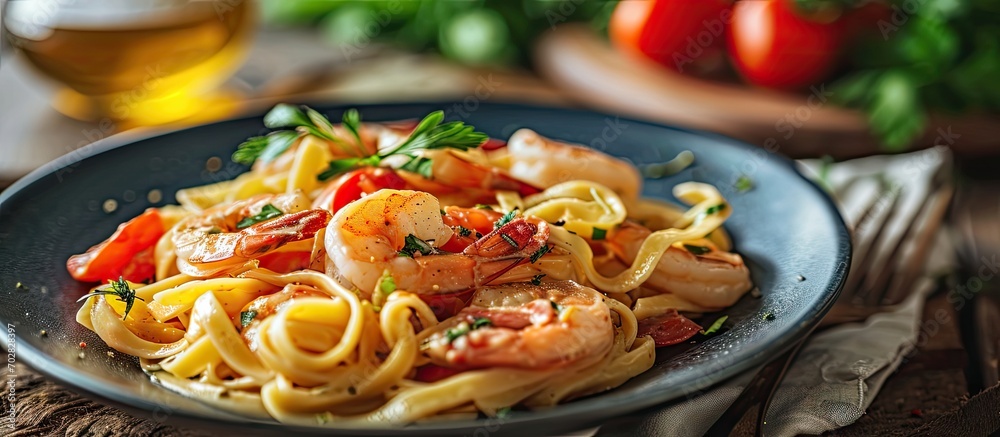 Aufkleber italian pasta fettuccine in a creamy sauce with shrimp and tomato. with copy space image. place for 