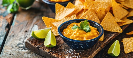 Homemade Yellow Queso Cheese Dip with Tortilla Chips and Lime. with copy space image. Place for adding text or design