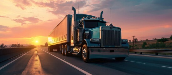 Industrial Long hauler big rig blue semi truck tractor with extended cab for truck driver rest transporting frozen cargo in refrigerator semi trailer driving on the highway road at sunset twili - obrazy, fototapety, plakaty