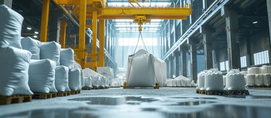 Industrial warehouse for the storage of bulk technological materials A large number of white plastic bags with mineral powder Big yellow gantry crane. with copy space image