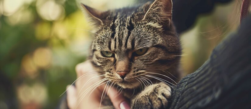 Man woman petting stroking hissing angry tabby cat Relationship of owner and domestic feline animal pet Mad savage furry kitten Scared cat is afraid of stranger. with copy space image
