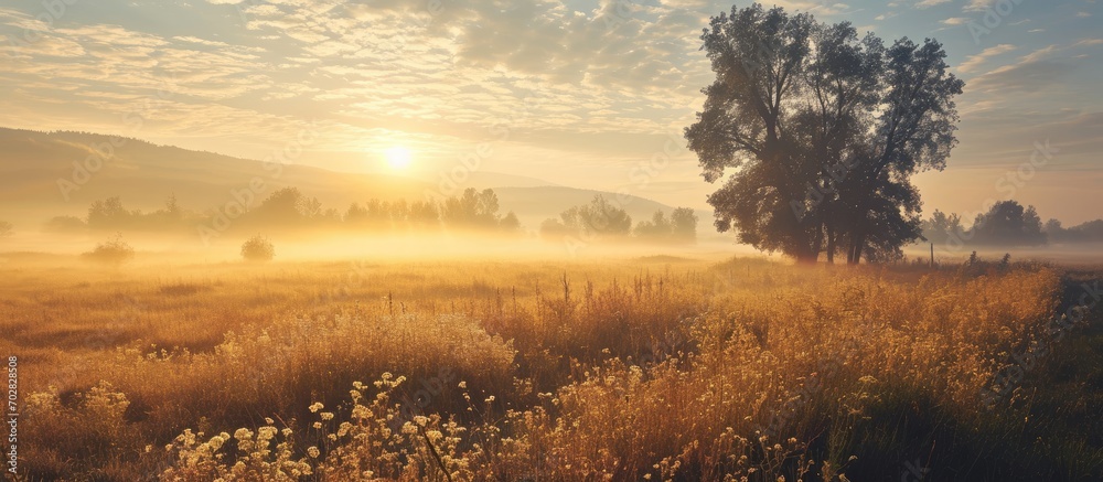 Poster Landscape of morning fog in the field with bright sun on the background Misty morning in countryside field. with copy space image. Place for adding text or design