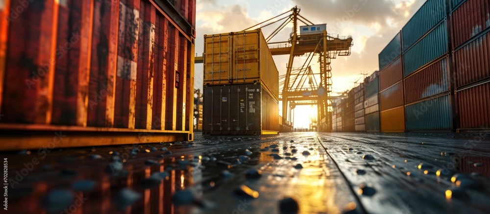 Poster Heavy Shipment Box Loading into Cargo Container Truck Parked Loading at Dock Warehouse. with copy space image. Place for adding text or design