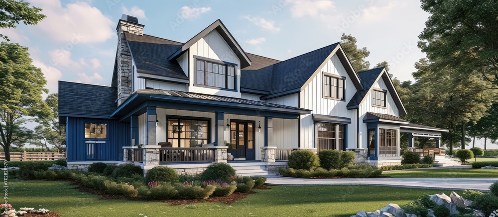 Poster modern farmhouse with white and blue details. with copy space image. place for adding text or design