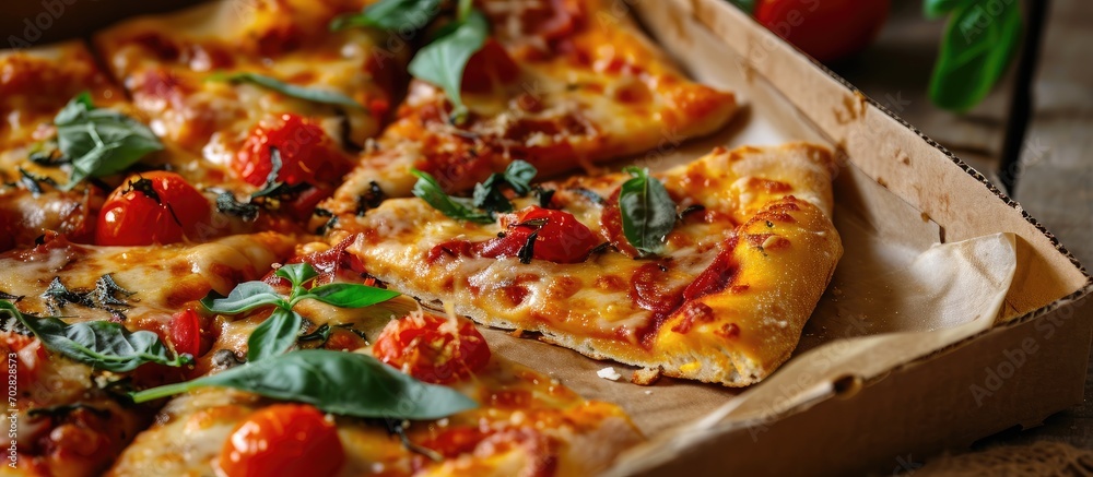 Aufkleber leftovers slices of homemade vegetarian pizza in box from above. with copy space image. Place for adding text or design